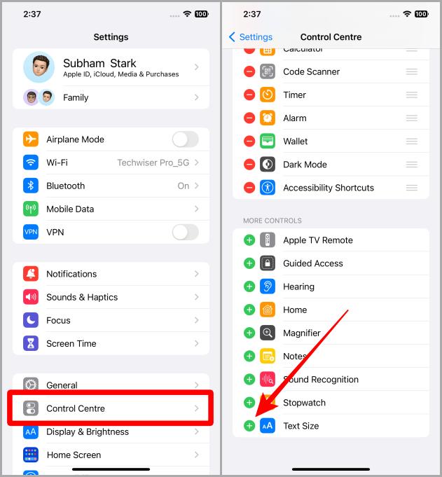 Configuración del centro de control en iOS