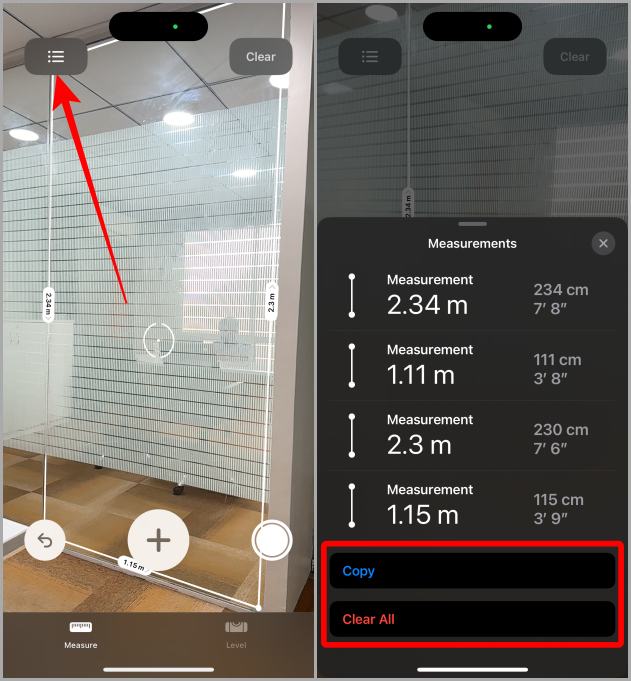 Historial de mediciones en la aplicación Medido en iPhone