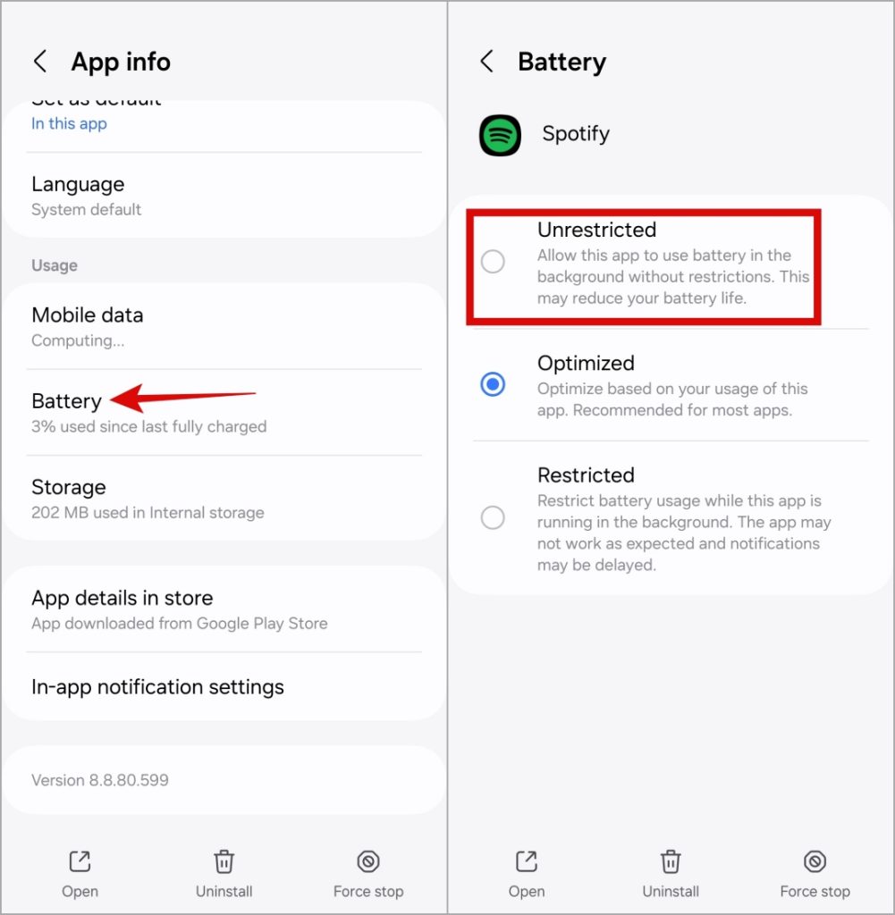 Retire las restricciones de la batería para Spotify en Android