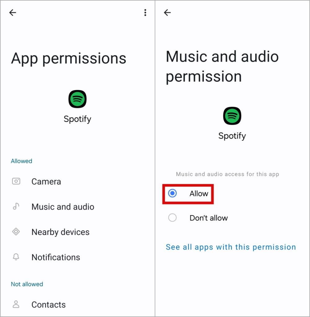 Permitir permisos de la aplicación Spotify en Android