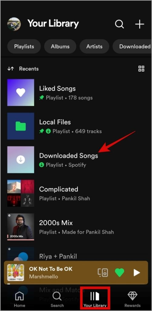 Canciones descargadas en la aplicación Spotify para móvil