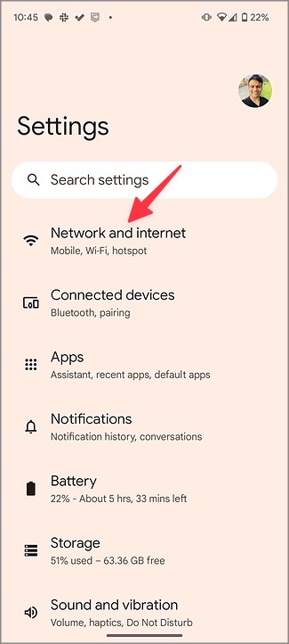 Seleccione Network e Internet en Android