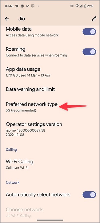 Tipo de red preferido en Android
