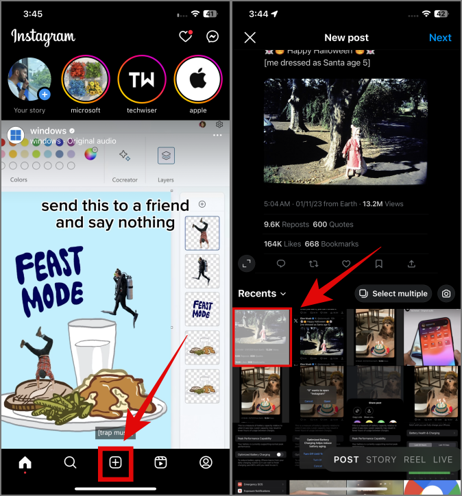 Agregar la captura de pantalla como historia de Instagram, publicación o carrete en la aplicación Instagram en iPhone
