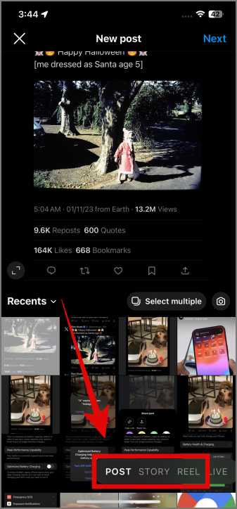 Elegir entre publicación, historia o carrete en la aplicación Instagram en iPhone