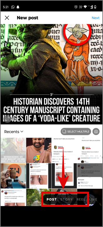 Elegir compartir la captura de pantalla como historia de Instagram, publicación o carrete en la aplicación en Android