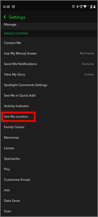 Configuración de ubicación en la página Configuración en Snapchat