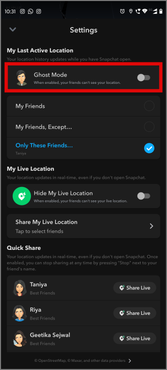 Opción para el modo Ghost en Snapchat