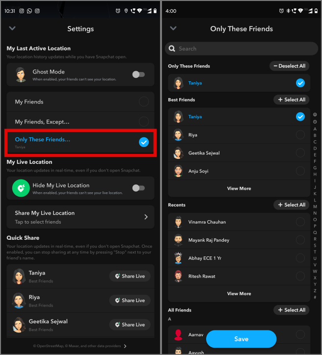 Habilitar la ubicación solo para amigos selectivos en Snapchat