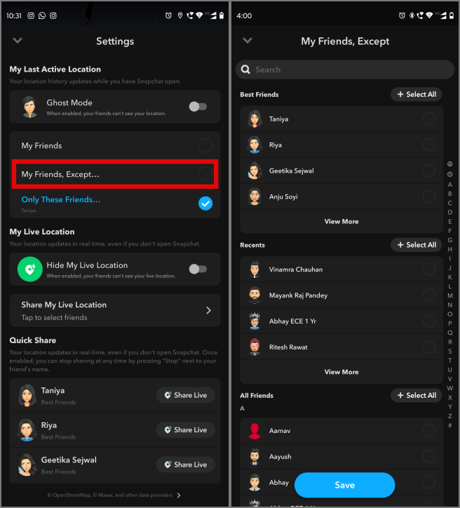 Habilitar la ubicación para todos, excepto algunos en Snapchat