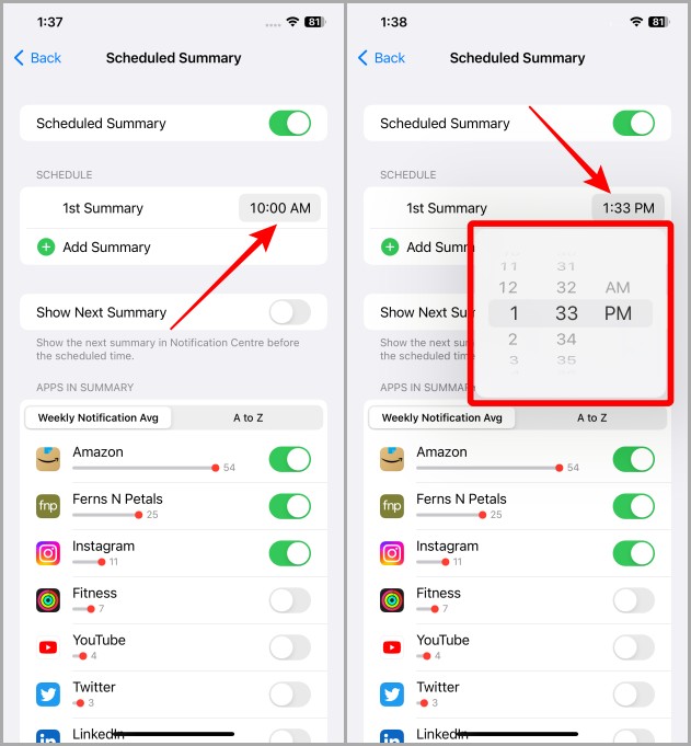 Configuración de tiempo de resumen programado en iPhone
