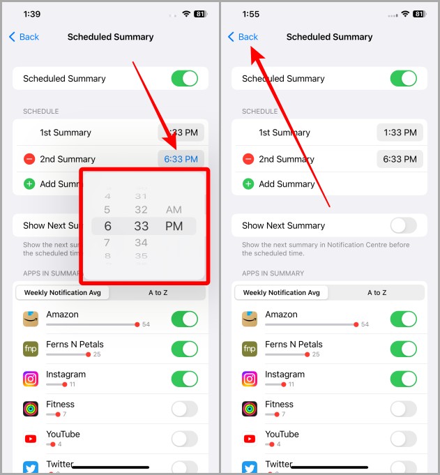 Resumen programado establecido en iPhone