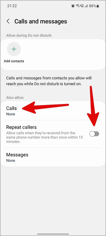 Permitir que las llamadas y los contactos repetidos durante el DND en el teléfono Samsung