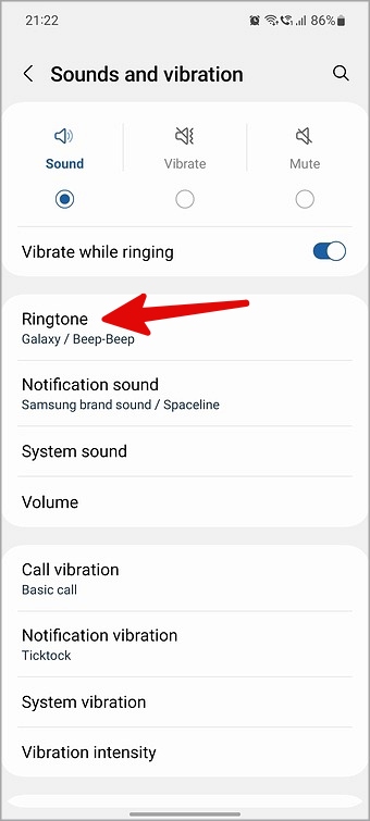Menú de tono de llamada en el teléfono Samsung