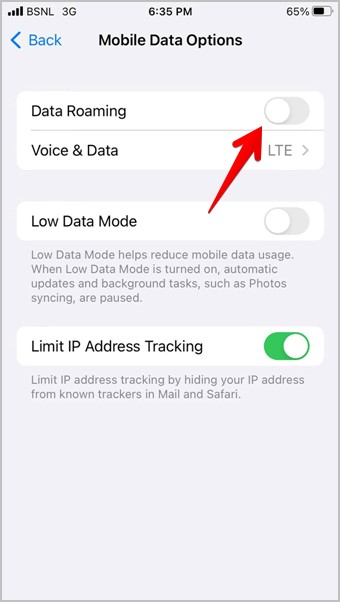 Roaming de datos en la configuración del iPhone