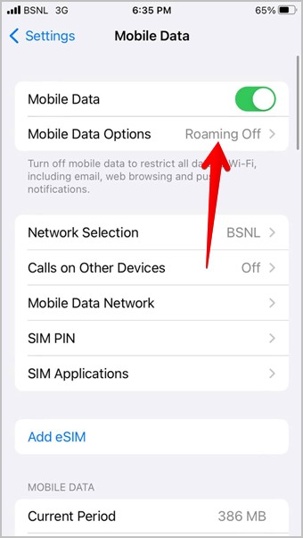 Opciones de datos móviles en la configuración del iPhone
