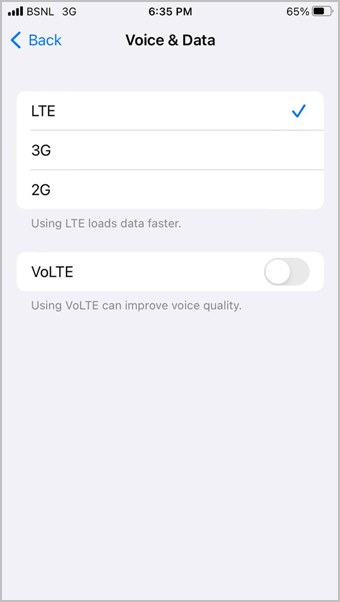 Opción de voz y datos LTE en iPhone