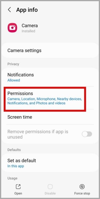 Permisos de la aplicación de cámara Samsung en Galaxy Teléfono