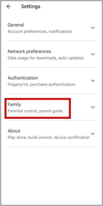 Expandir la configuración familiar en Play Store para Android