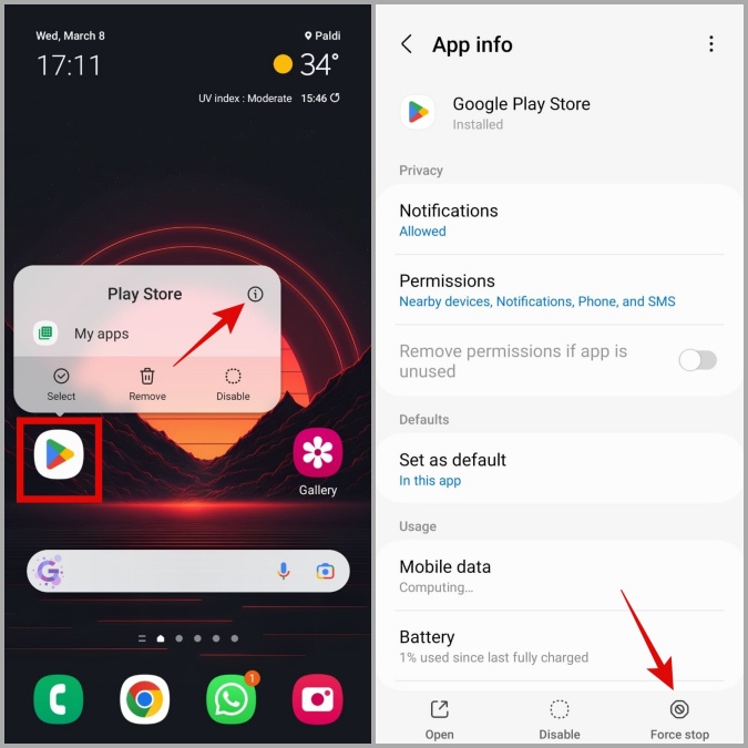 Force Stop Play Store en Android