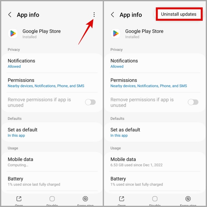 Desinstalar actualizaciones de Play Store en Android