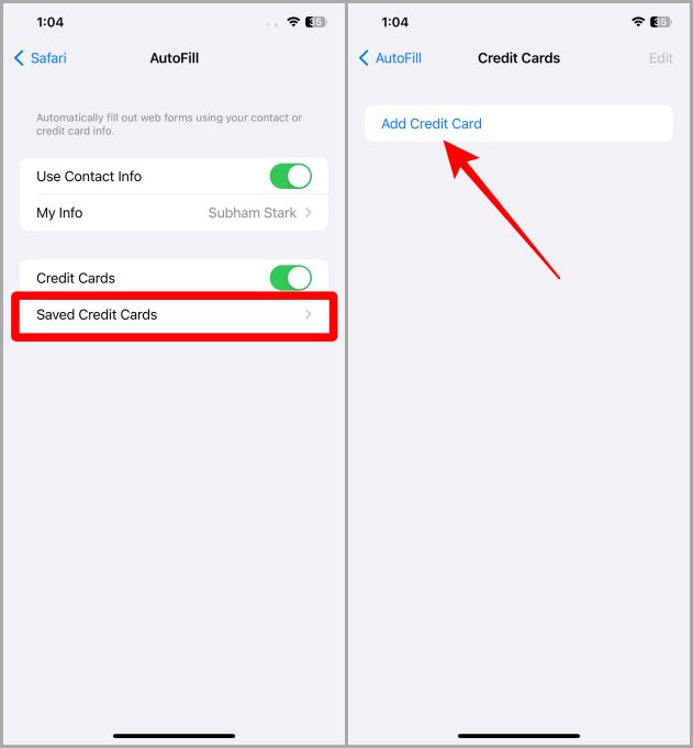 Configuración de tarjetas de crédito guardadas iOS