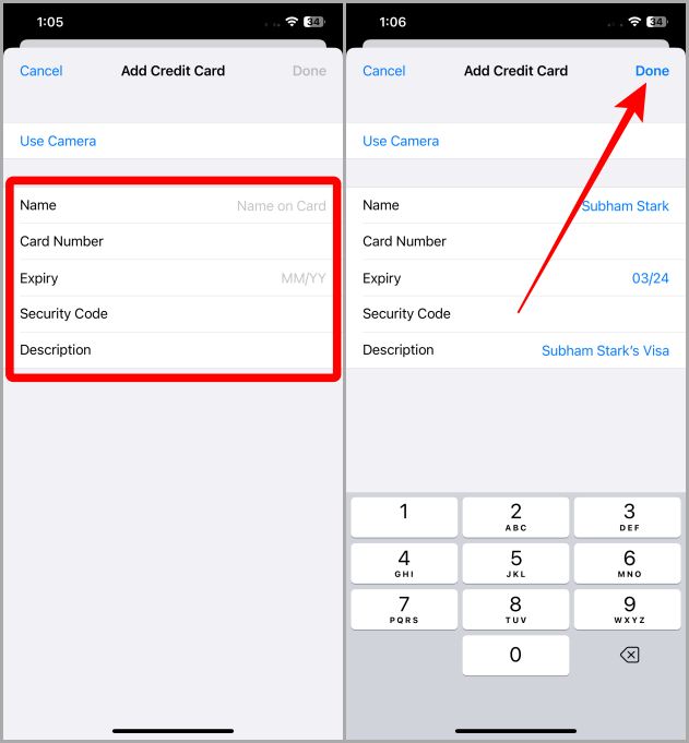 Agregar una configuración de safari de tarjeta de crédito iOS