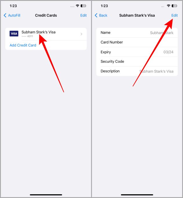 Actualización de tarjetas de crédito guardadas en Safari en iOS