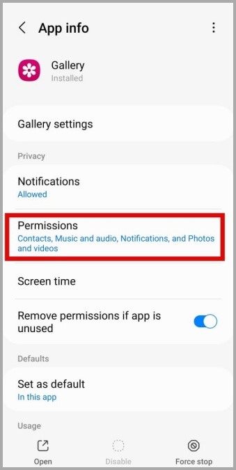 Permiso de la aplicación de la galería en Galaxy Teléfono