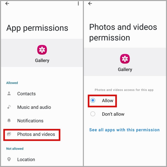 Permitir la aplicación de la galería para acceder a fotos y videos en el teléfono Samsung