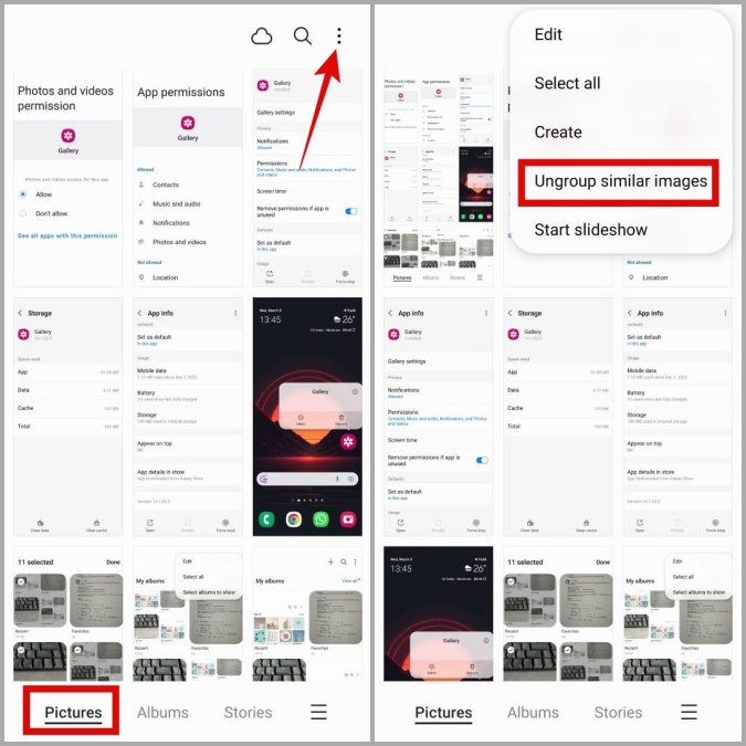 Imágenes sin grupos en la aplicación Gallery en el teléfono Samsung