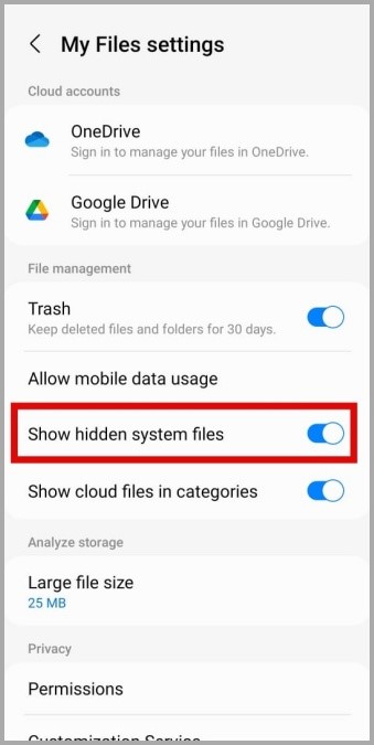Mostrar elementos ocultos en la aplicación de mis archivos en el teléfono Samsung