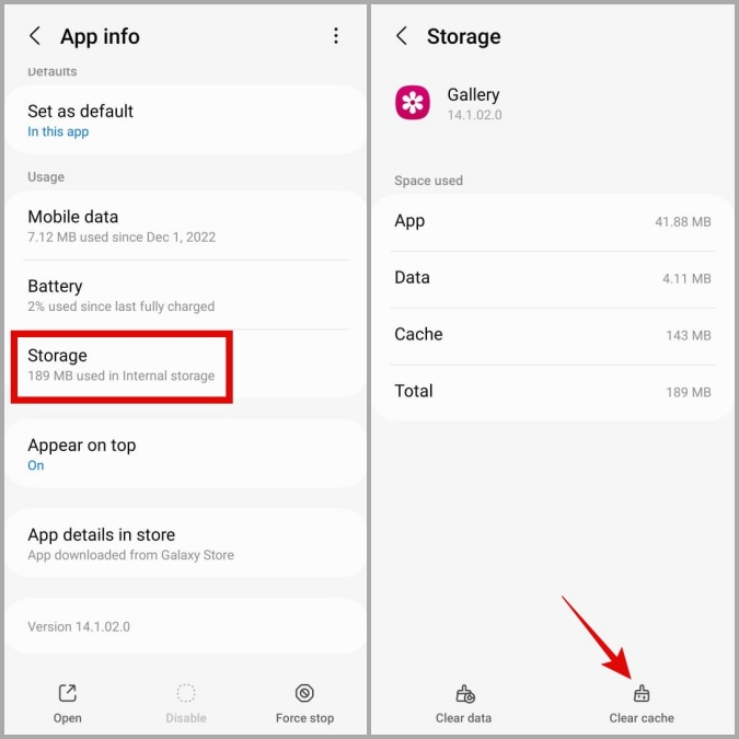 Borrar caché para la aplicación de la galería en el teléfono Samsung