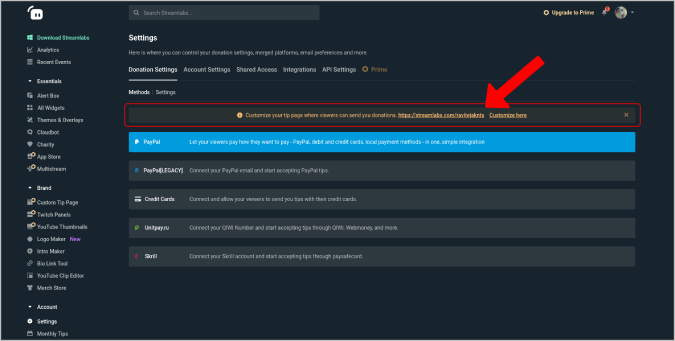 Detalles de la URL de la página de donación de twitch