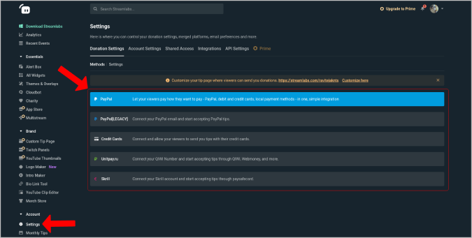 Configuración de configuración de donación a StreamLabs