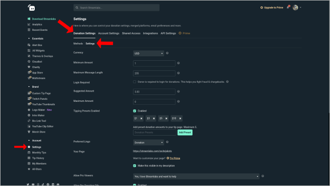 Página de configuración de donaciones de rayas