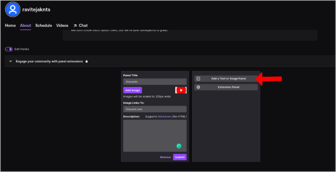 Agregar texto o panel de imagen en Twitch
