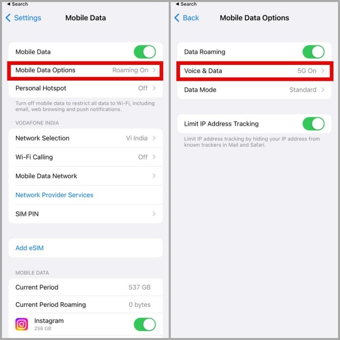 Opciones de datos móviles en iPhone