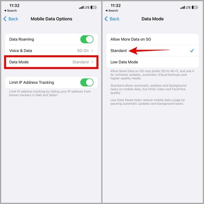 Cambiar el modo de datos en el iPhone