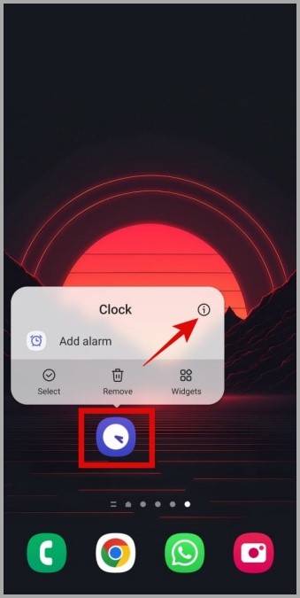 Información de la aplicación de reloj abierta en el teléfono Samsung