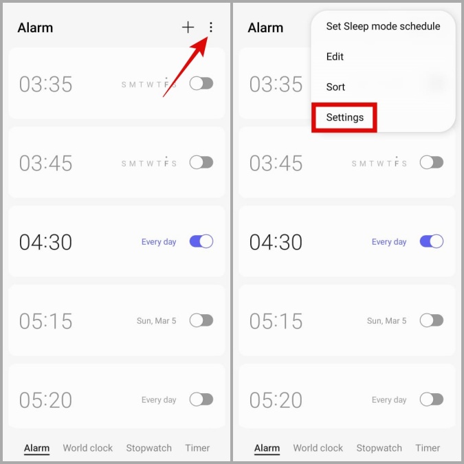 Configuración de la aplicación de reloj en el teléfono Samsung