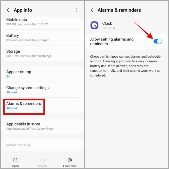 Permita que la aplicación del reloj establezca alarmas en el teléfono Samsung Galaxy