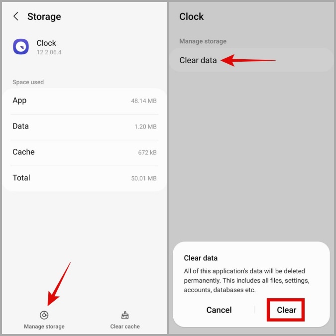 Borrar datos de la aplicación de reloj en el teléfono Samsung