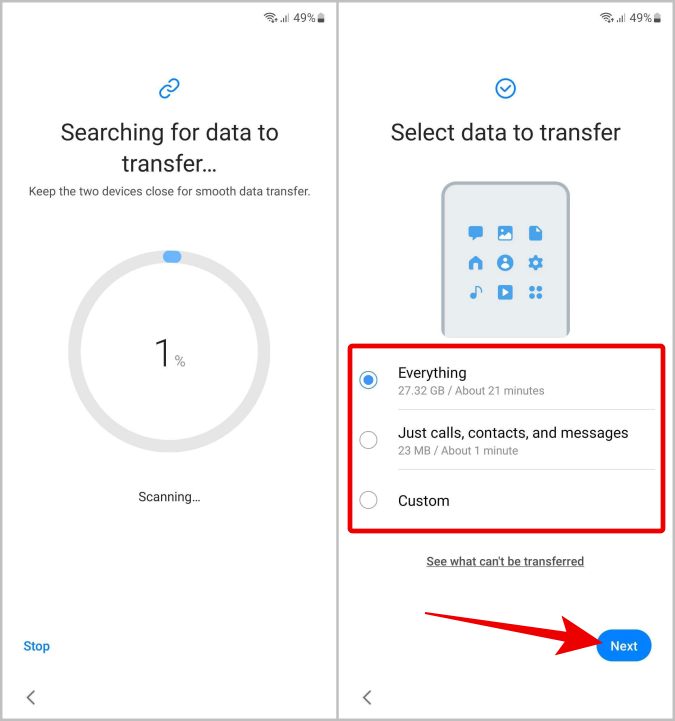 Seleccionar los datos para transferir del teléfono antiguo al nuevo