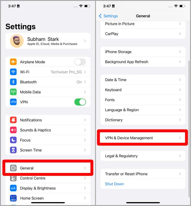 Configuración de gestión de VPN y dispositivos en iPhone