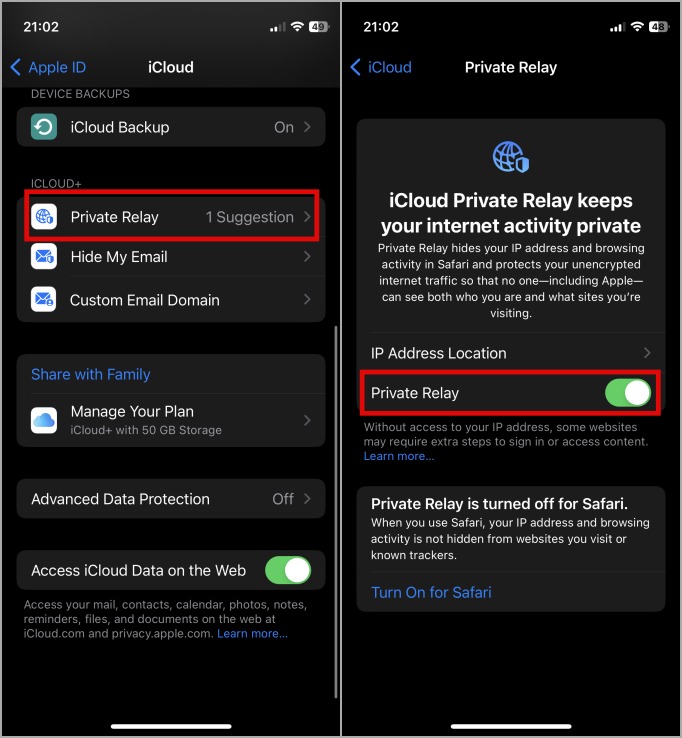Desactivar el relé privado en iPhone