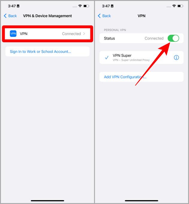Apague VPN en iPhone