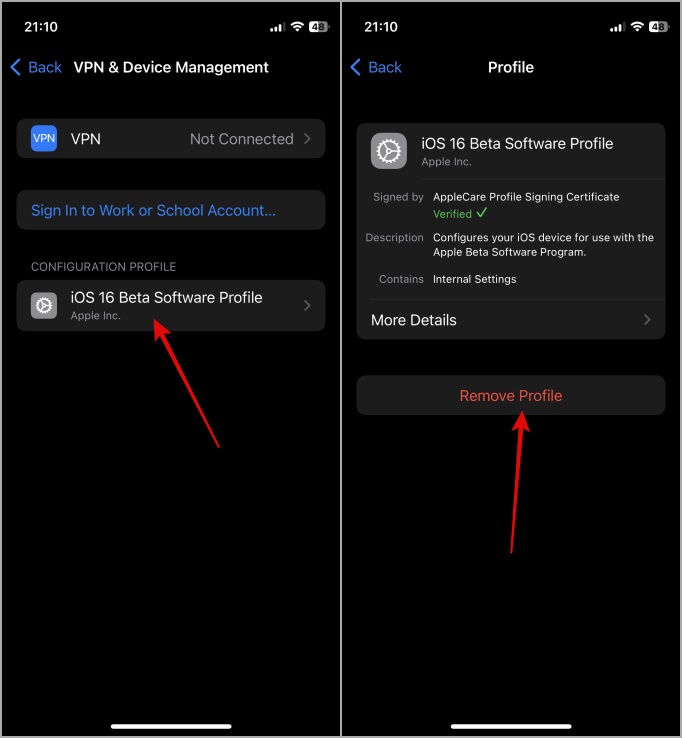 Deja el perfil beta de iOS en iPhone