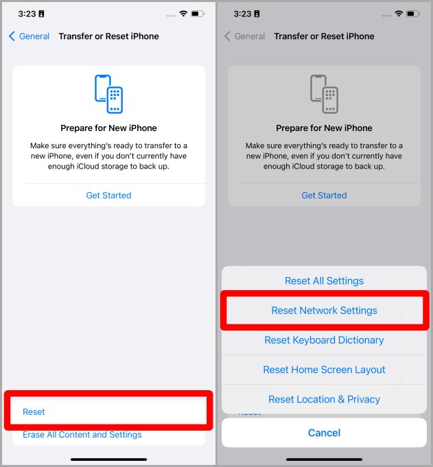 Configuración de transferencia o restablecimiento iOS