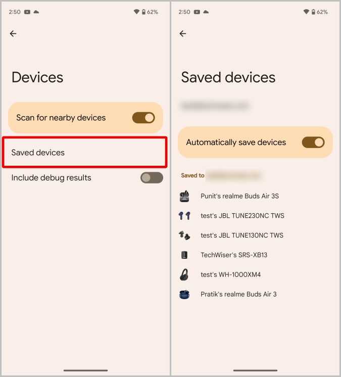 Dispositivos guardados en Android Fast Par de